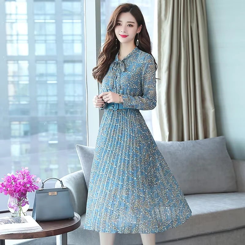 2024 New Autumn Winter Vintage Chiffon Floral Midi Dress Maxi Boho Dress Elegant Women Party Long Sleeve Dress Bodycon Vestidos