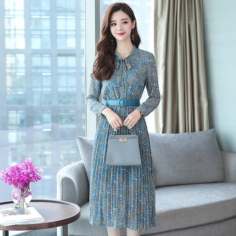 2024 New Autumn Winter Vintage Chiffon Floral Midi Dress Maxi Boho Dress Elegant Women Party Long Sleeve Dress Bodycon Vestidos