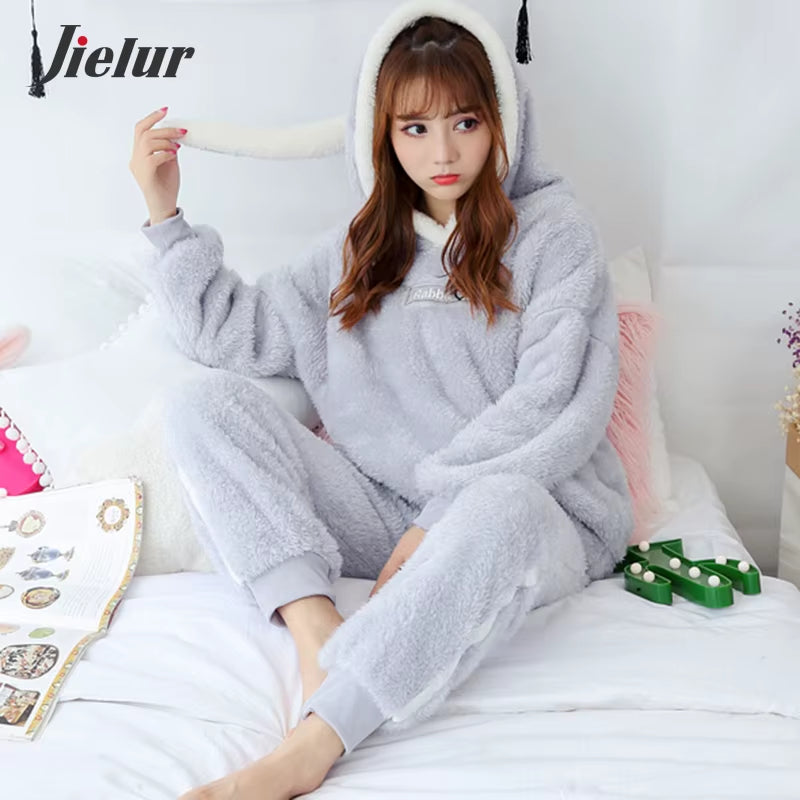 Coral Velvet Bathrobe Women Cartoon Cute Warm Hooded Robe Rabbit Flannel Kimono Bath Robe Dressing Gowns Sleepwear