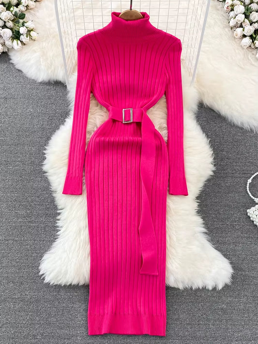 Fashion Ribbed Knit Full Sleeve Dress with Belt Ladies Autumn Winter Elegant Knit Sweater Dress Women 2023 New Vestidos
