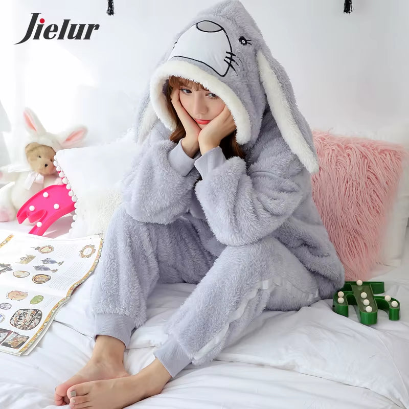 Coral Velvet Bathrobe Women Cartoon Cute Warm Hooded Robe Rabbit Flannel Kimono Bath Robe Dressing Gowns Sleepwear