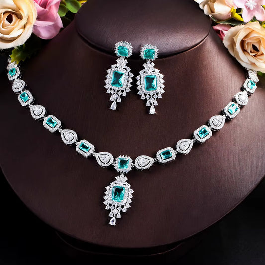 Fringed Drop Full Luxurious Cubic Zirconia Paved Women Wedding Big Necklace Earring Dress Jewelry Set for Brides T630