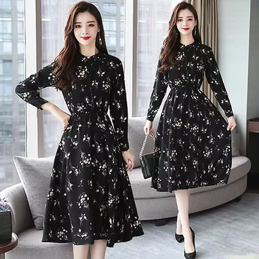 Autumn Winter Black Vintage Floral Chiffon Midi Dress Boho Beach Dress 2024 Elegant Women Party Long Sleeve Dress Party Vestidos