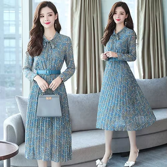 2024 New Autumn Winter Vintage Chiffon Floral Midi Dress Maxi Boho Dress Elegant Women Party Long Sleeve Dress Bodycon Vestidos