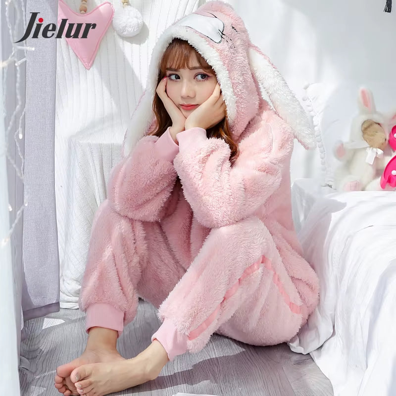 Coral Velvet Bathrobe Women Cartoon Cute Warm Hooded Robe Rabbit Flannel Kimono Bath Robe Dressing Gowns Sleepwear