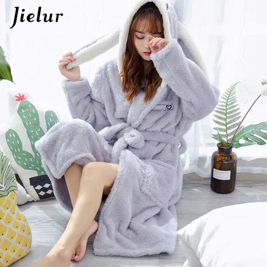 Coral Velvet Bathrobe Women Cartoon Cute Warm Hooded Robe Rabbit Flannel Kimono Bath Robe Dressing Gowns Sleepwear